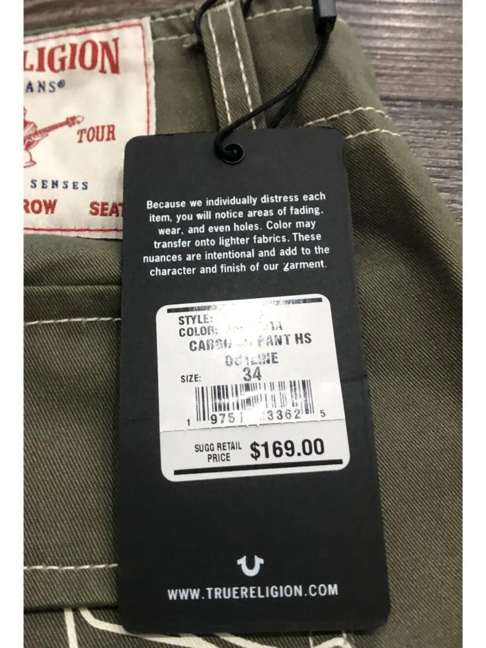 True Religion Mens Size 34x32 Green Stitch Cargo Jeans New with $169 Tags